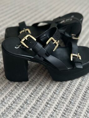 Free People Black Platform Sandals with Gold Buckles